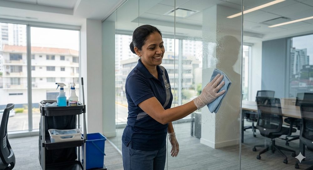 Limpieza de mampara de vidrio en oficina
